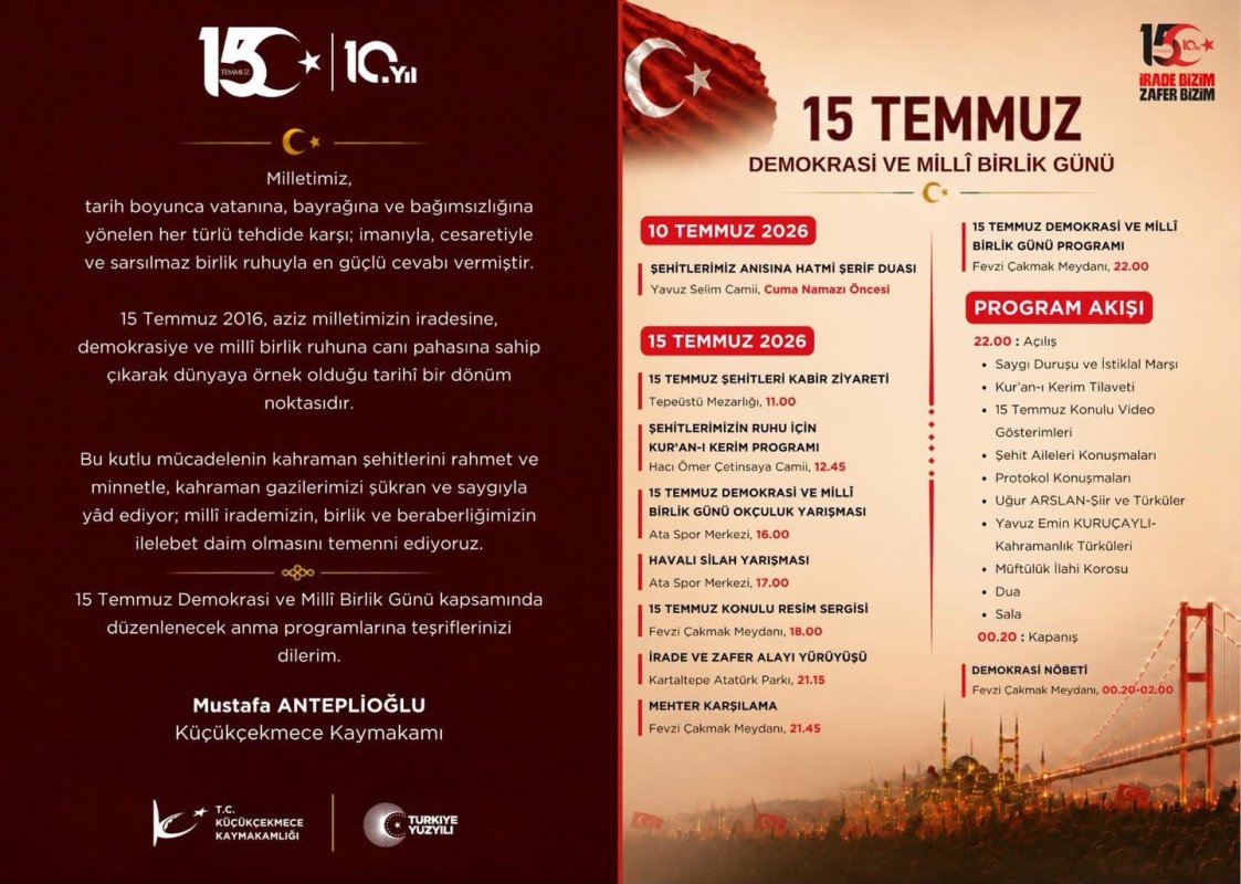 Küçükçekmece'de 15 Temmuz Demokrasi ve Millî Birlik Günü Anma Programı Açıklandı